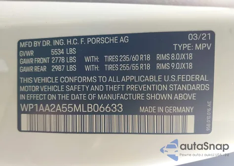 2021 Porsche Macan z USA, uszkodzony, nr VIN WP1AA2A55MLB06633